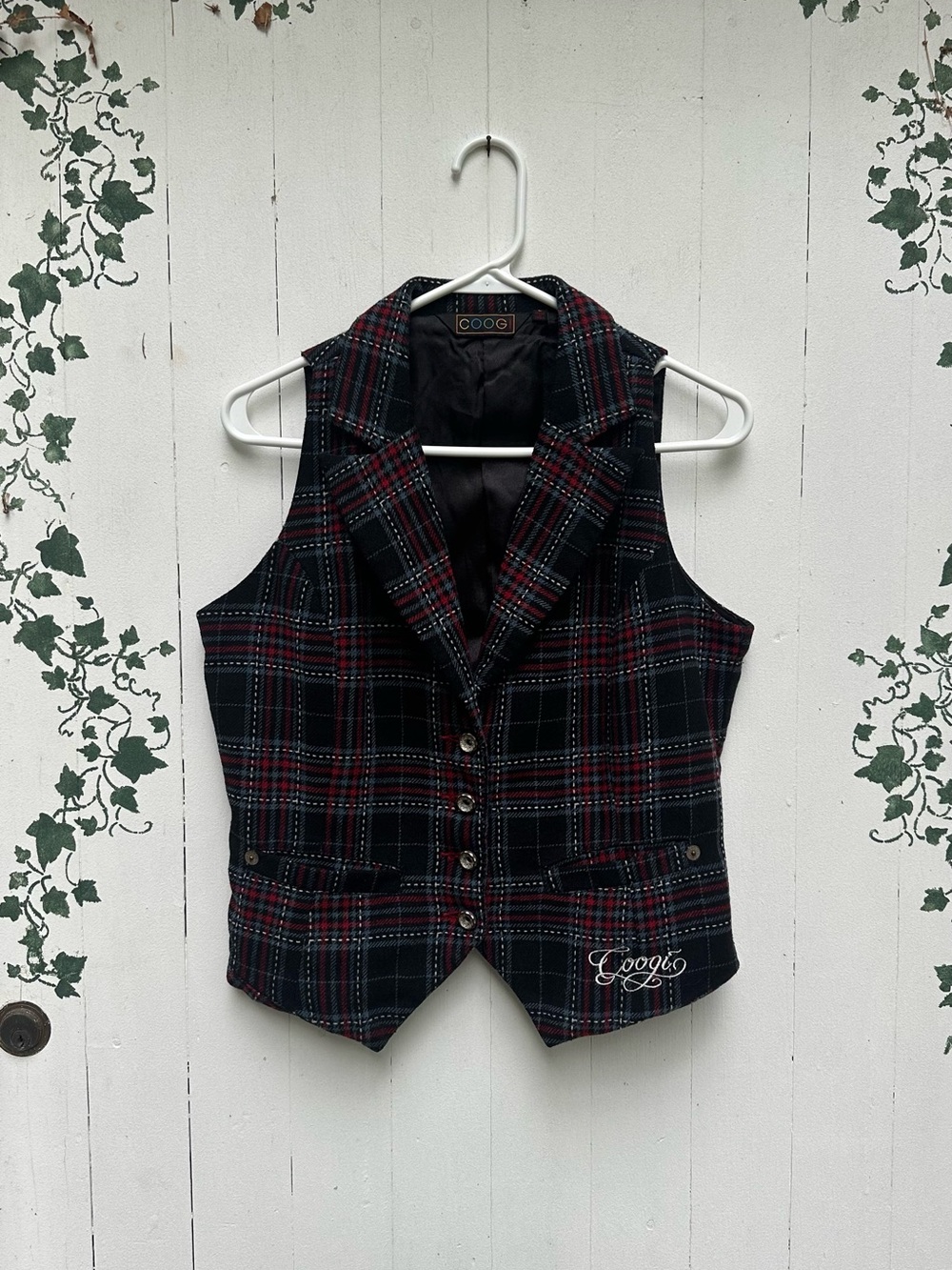 Vintage 90s Y2K COOGI Wool Blend Black Red Plaid Houndstooth Vest Original Logo